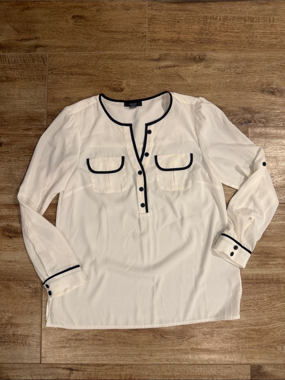 Alfani White Blouse with Black Trim - Button-Front Pocket Top
